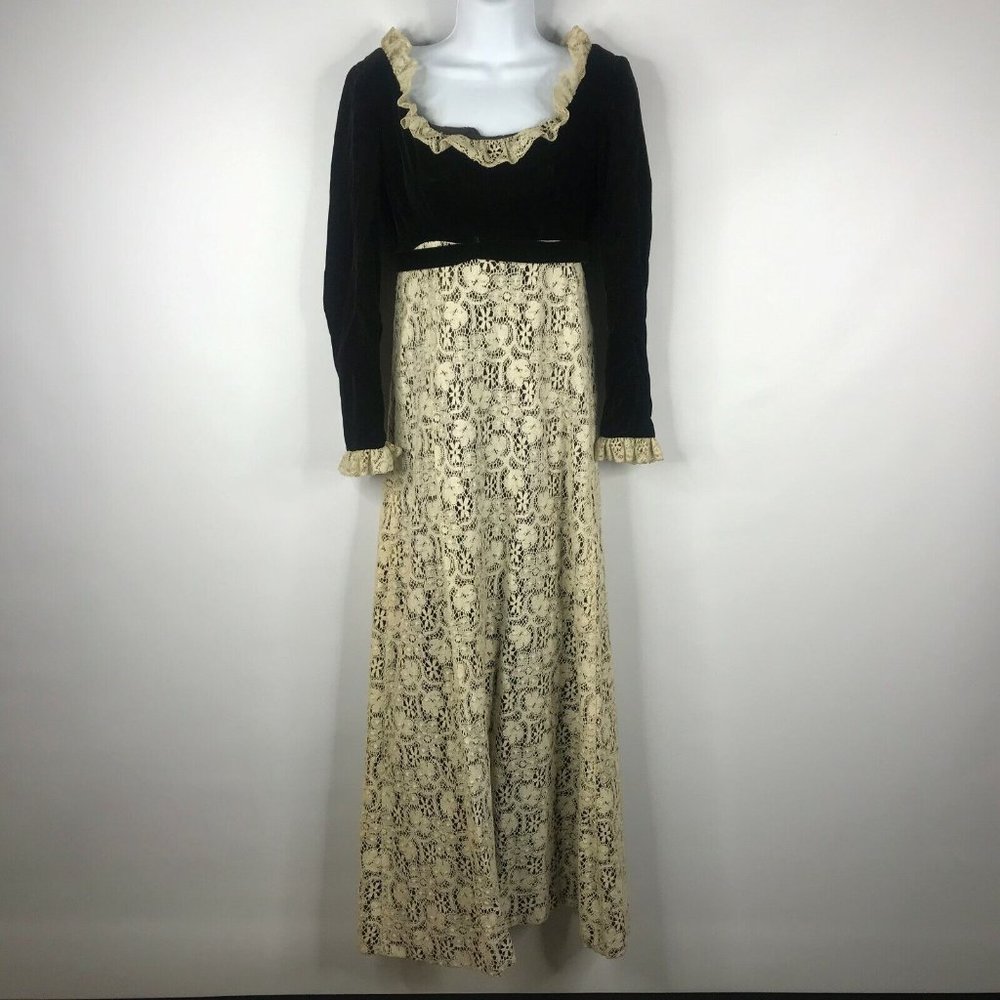 Vintage 70s Lanz Originals Brown Velvet Ivory Crochet Lace Overlay Maxi …